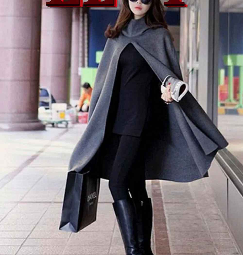 Women Bat Sleeve Mid-long Poncho Coat Autumn Ladies Outerwear Hooded Cape Coat Cloak Shawl Smock Ponchos Abrigos Mujer Invierno