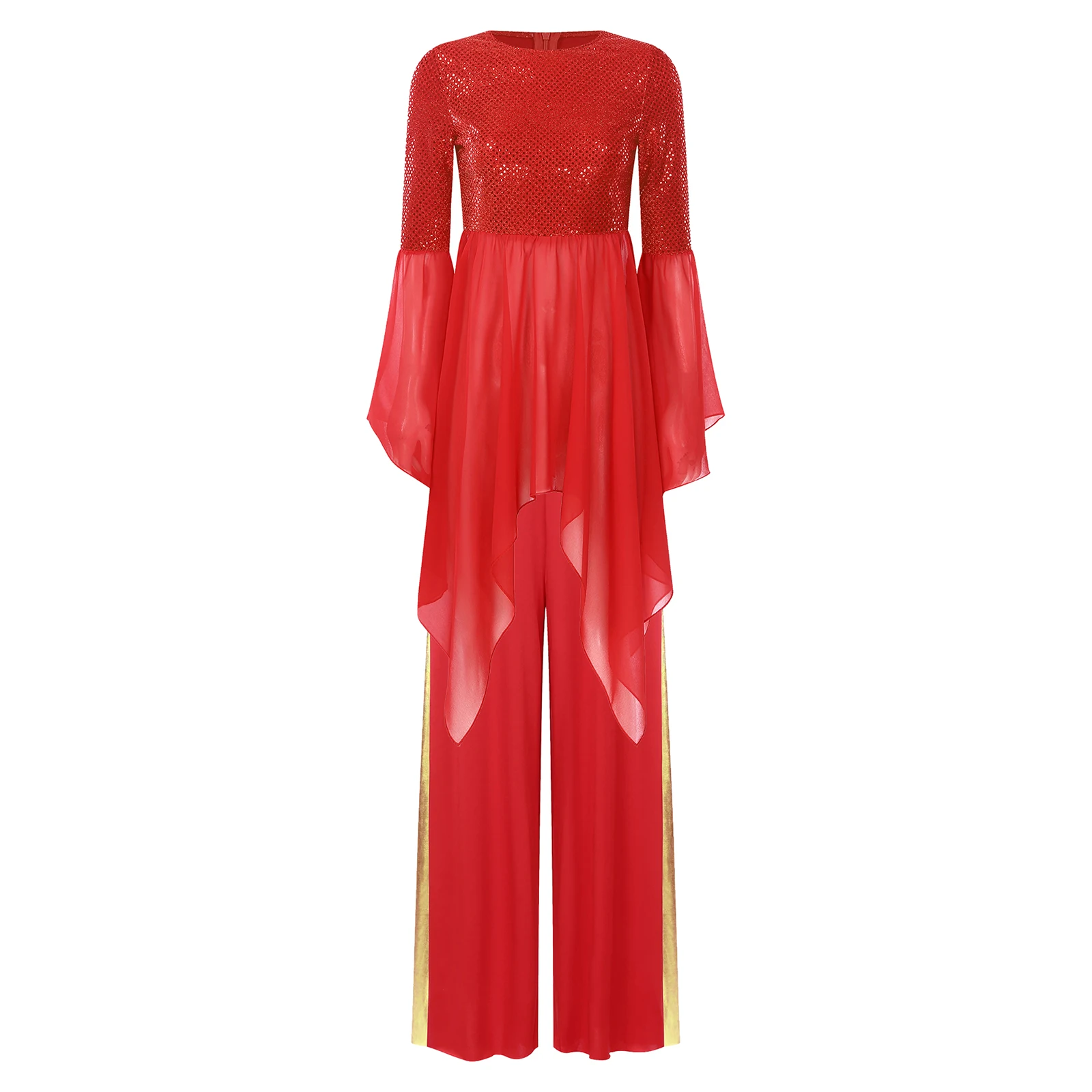 

Womens Liturgical Dance Tunic with Wide-Leg Pants Flared Sleeve Asymmetrical Hem Shiny Sequins Worship Performance Costume Set