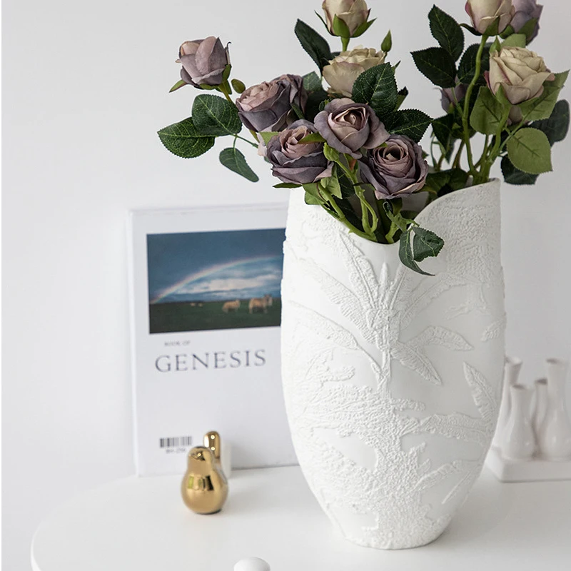 Wabi Sand Wind Large White Embossed Ceramic Flower Ware Flower Water