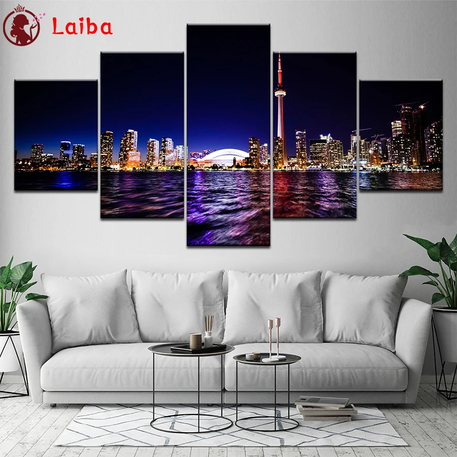 

DIY Diamond Painting Natural scenery, night view of seaside city Diamond Mosaic Full Drill Cross Stitch Handmade Hobby5pcs