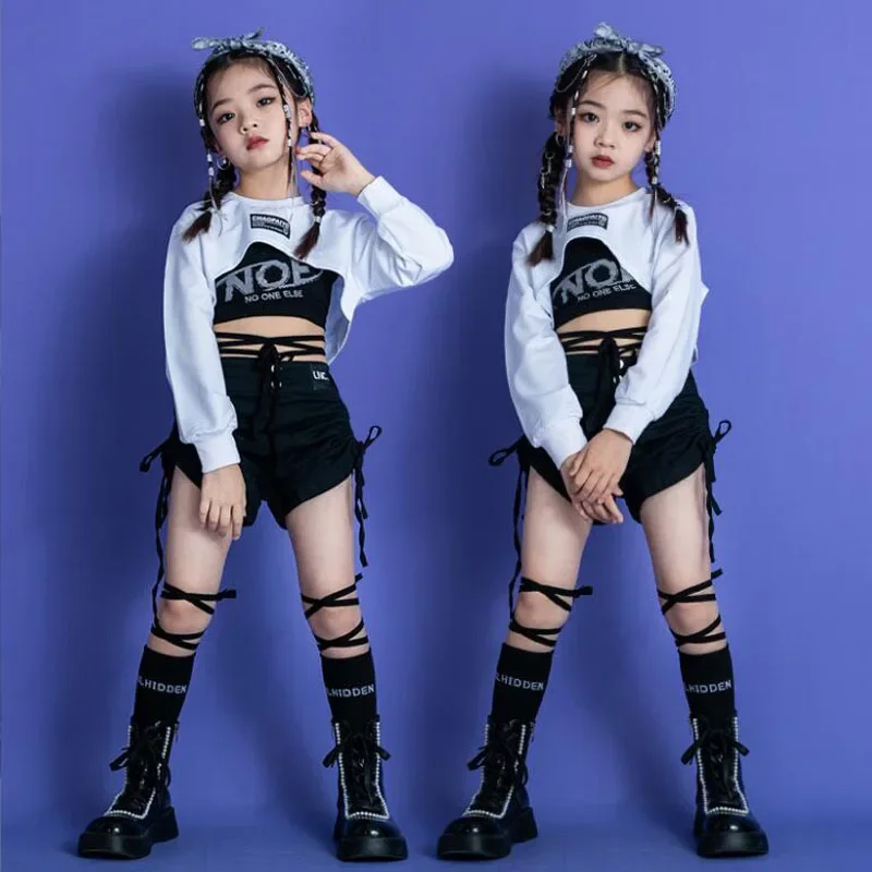 Mini short en Y pour filles, costume de danse jazz pour adolescents, vêtements de spectacle pour enfants, tenues de rue K-pop, vêtements hip hop blancs