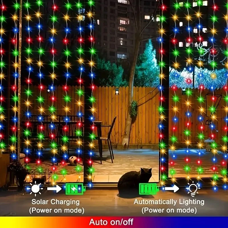 1 Pack 600/300/200/100LED Solar Curtain String Lights Outdoor 8 Lighting Modes Curtain Fairy Lights For Wedding Party Decoration