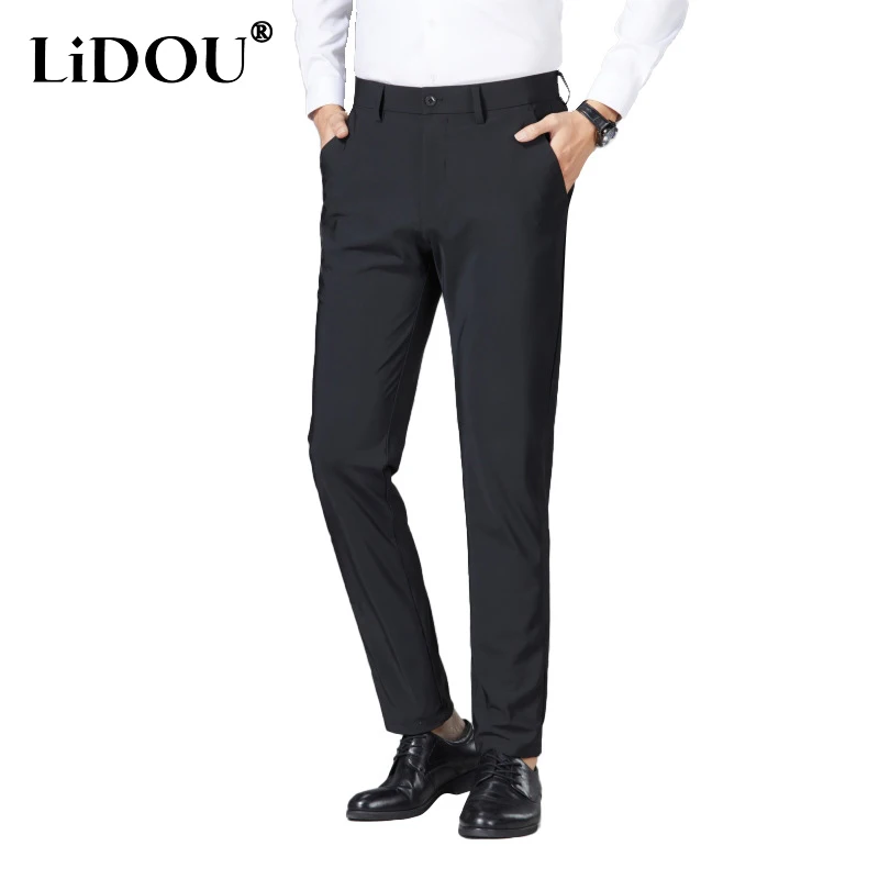 2023 Summer Solid Color Zipper Button Suit Pant Man Fashion High Elasticity Straight Pants Ice Silk Fabric Smart Casual Clothing