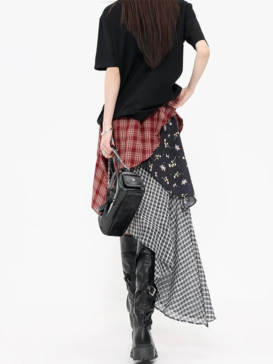 RORORIRI American Vintage Skirts Plaid Irregular Patchwork Zipper High Waist Skirt Y2k Harajuku Streetwear Midi Length A Line