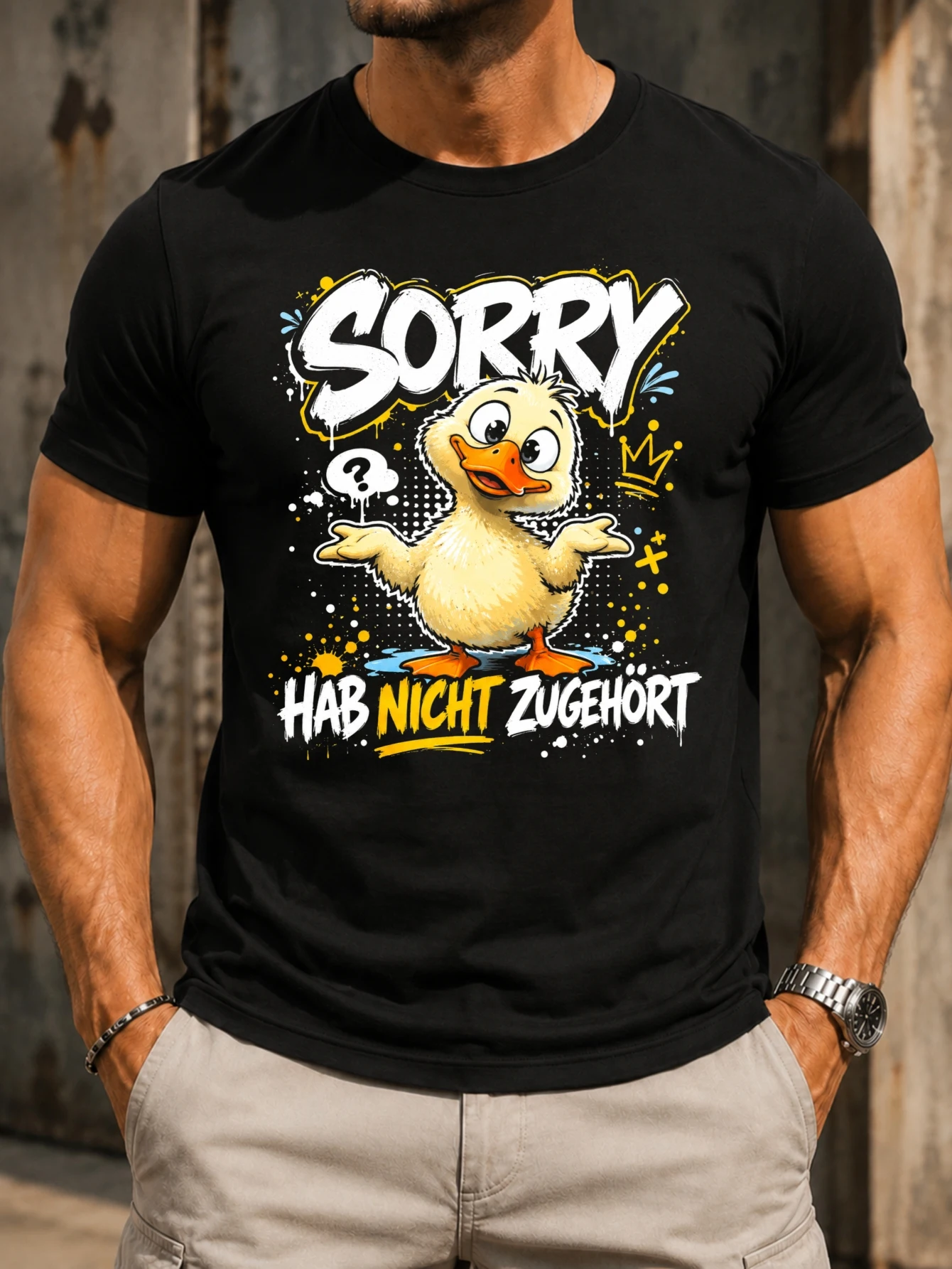 GermanSorry Hab Nicht Zugehor confused duck question mark crown doodle and colorful comic splashes  Unisex All T-Shirt