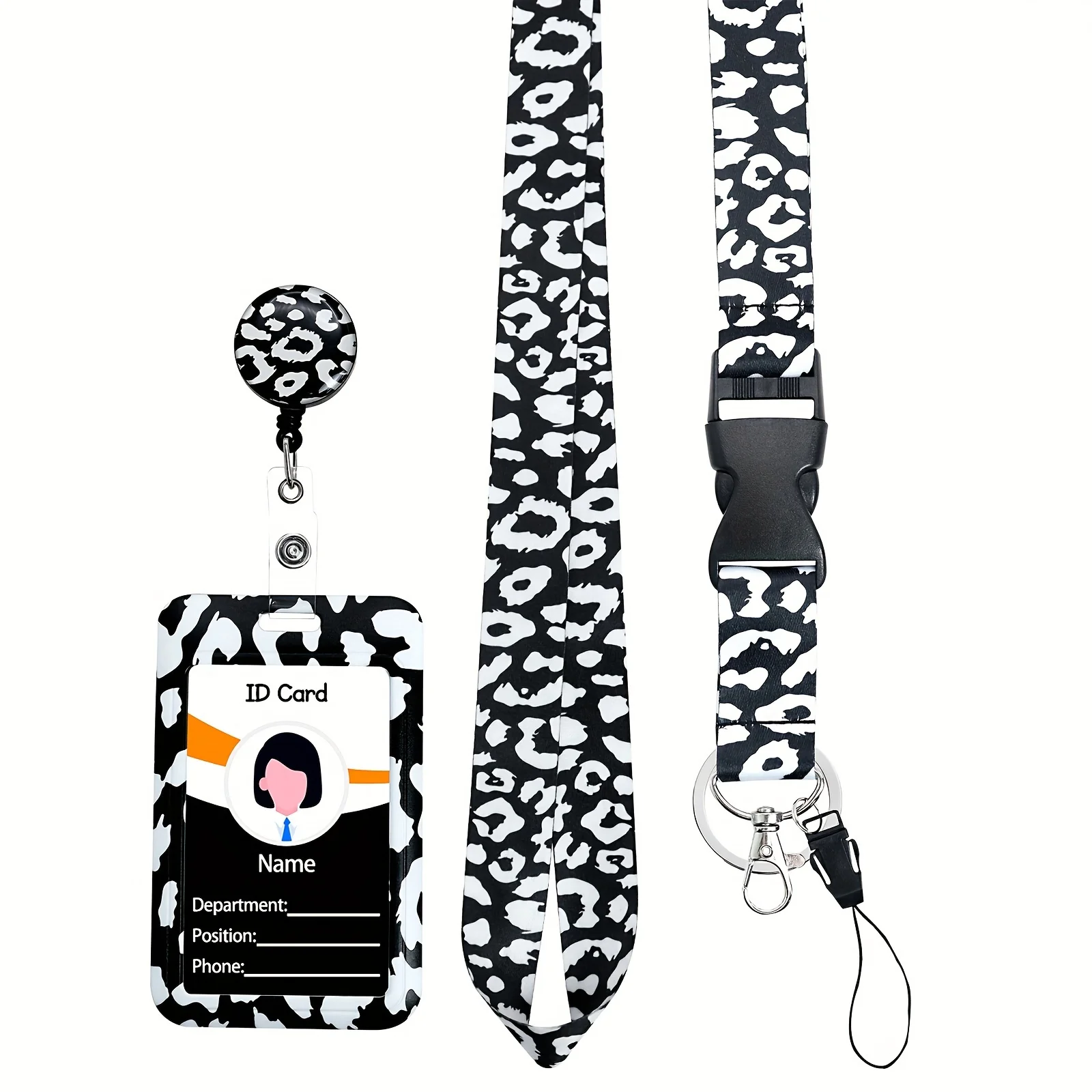 Black&White Leopard Phone Lanyard Id Badge Card Holder Retraetable Badge Reel Neck Strap for Keys Keychain Credit Card Key Ring