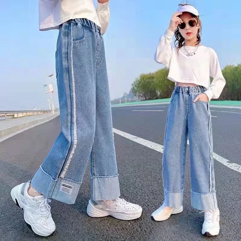 

Spring Autumn Teen Girls Jeans Children Trousers New Fashion Denim Wide Leg Pants For Girl 4 6 7 8 9 10 11 12 Years Kids Clothes