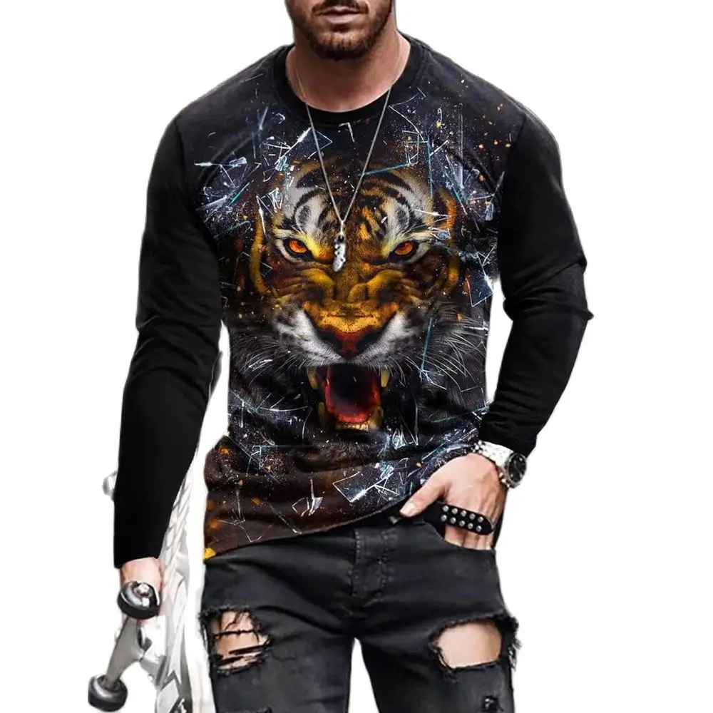 2023 Vintage Animal Print Men's T-shirt 3D O-Neck Cotton Oversized Long Sleeve Shirt Men's Clothing Casual Streetwear Punk Tops