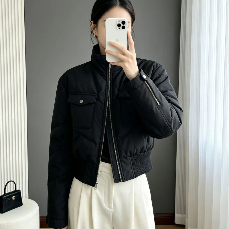 Women's Quilted Padded Jacket Winter Warm Thick Stand Collar Zip Up Outerwear Casual Loose Fit Trendy Cozy Sleek Female Coats