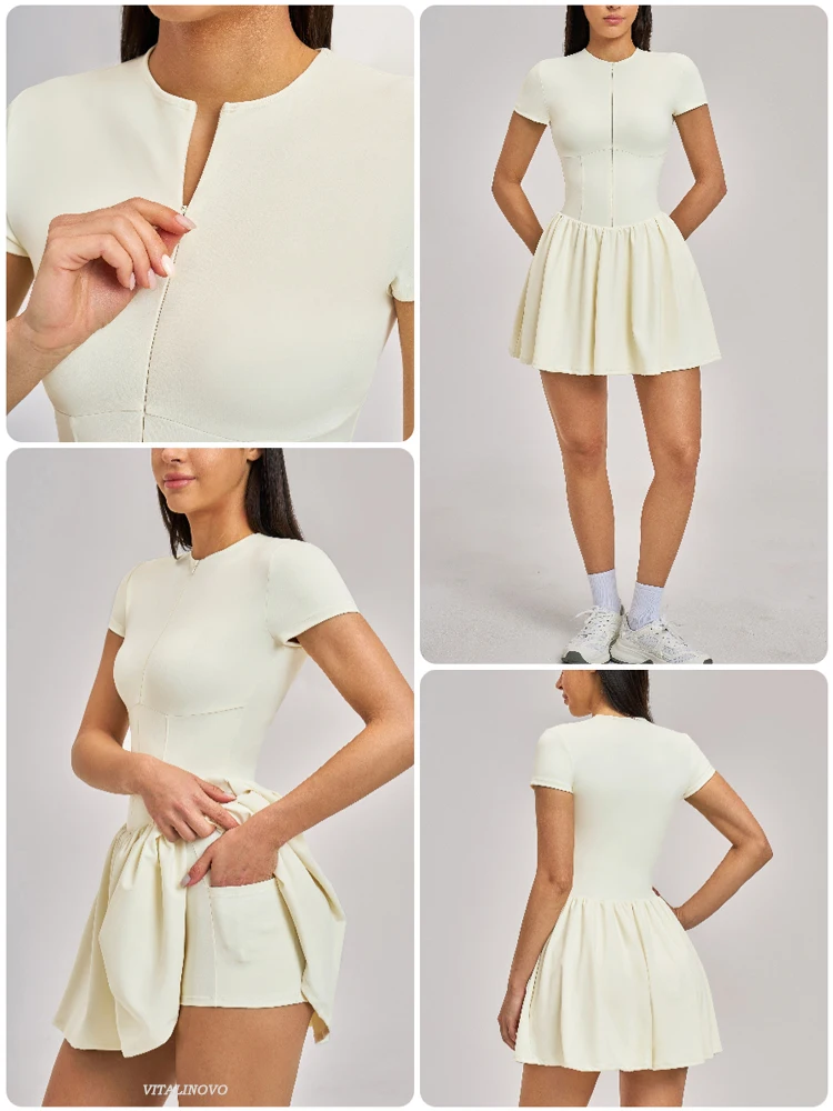 VITALINOVO Damen-Tenniskleid mit Reißverschluss vorne, Rundhalsausschnitt, fließend, plissiert, ärmellos, Mini-Golf-Sportkleid mit Shorts-Tasche – Detail 5