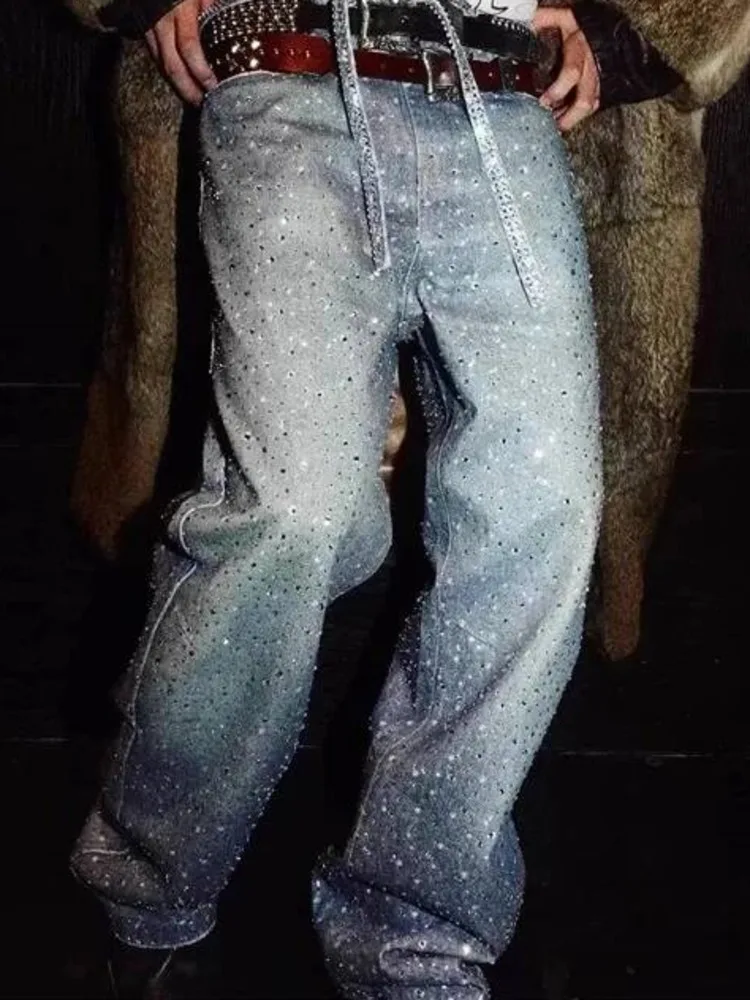 Street Cleanfit High Loose Wide Leg Printed Men's Jeans Heat-melting  Design Draping Straight Leg Trousers CZYV