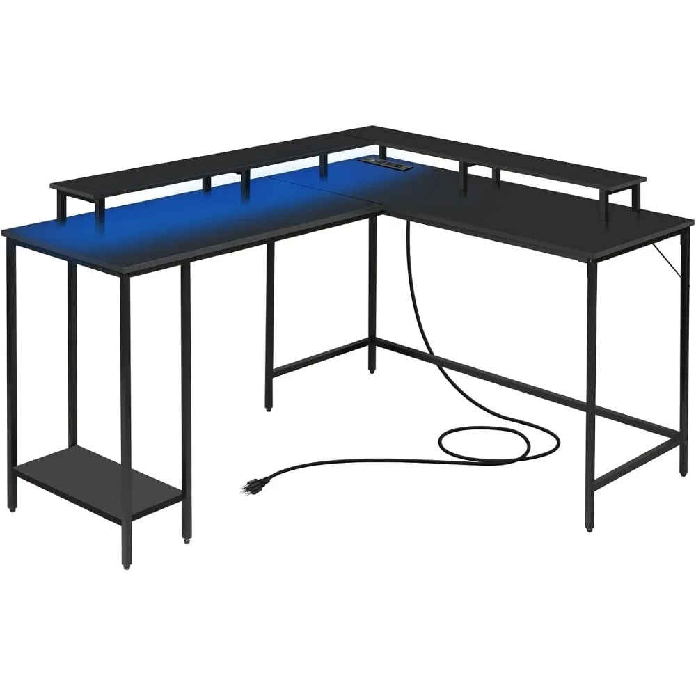 مكتب كمبيوتر على شكل حرف L مع أضواء LED ومخرج طاقة، مكتب زاوية قابل للعكس مع حامل شاشة، مكتب ألعاب على شكل حرف L