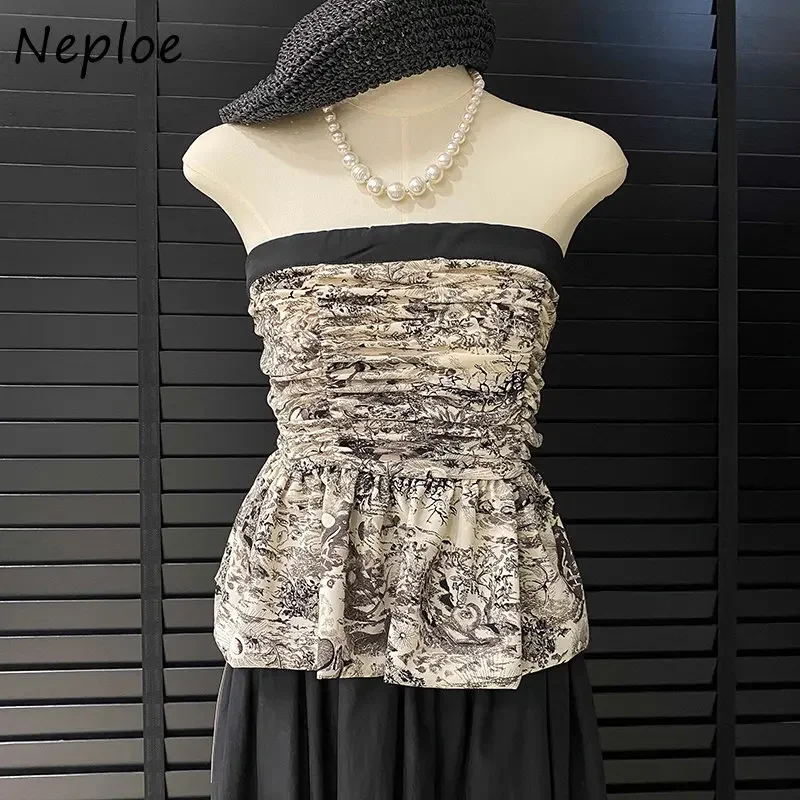 Neploe Elegant Blouses 2024 Women Summer Off Shoulder Slimming Pleated Temperament Ink Painting Chinese Style Unique Bra Tops