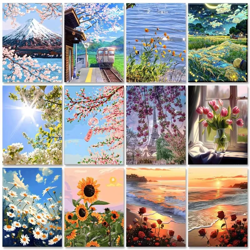 Acrylic Paint By Numbers Flower Scenery Painting By Numbers on Canvas Coloring By Number for Adults Paint Digital Art