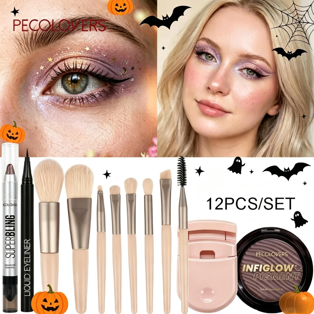 12PCS/SET Durable/Waterproof Shimmer Eye Shadow Pen & Palette, Liquid Eyeliner, Lash Curler, Eye Makeup Brushes