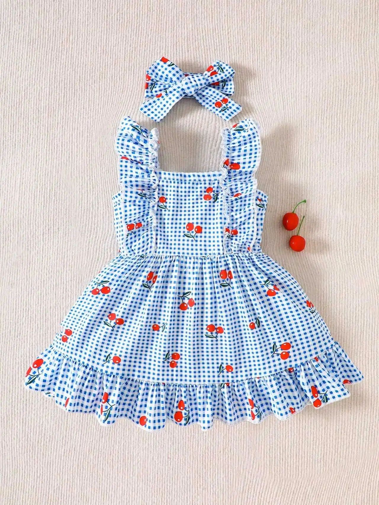 2-piece set of newborn baby girl pink cartoon strawberry plaid printed dress, cute, sweet, fresh bow headband, 0-3 months old, s
