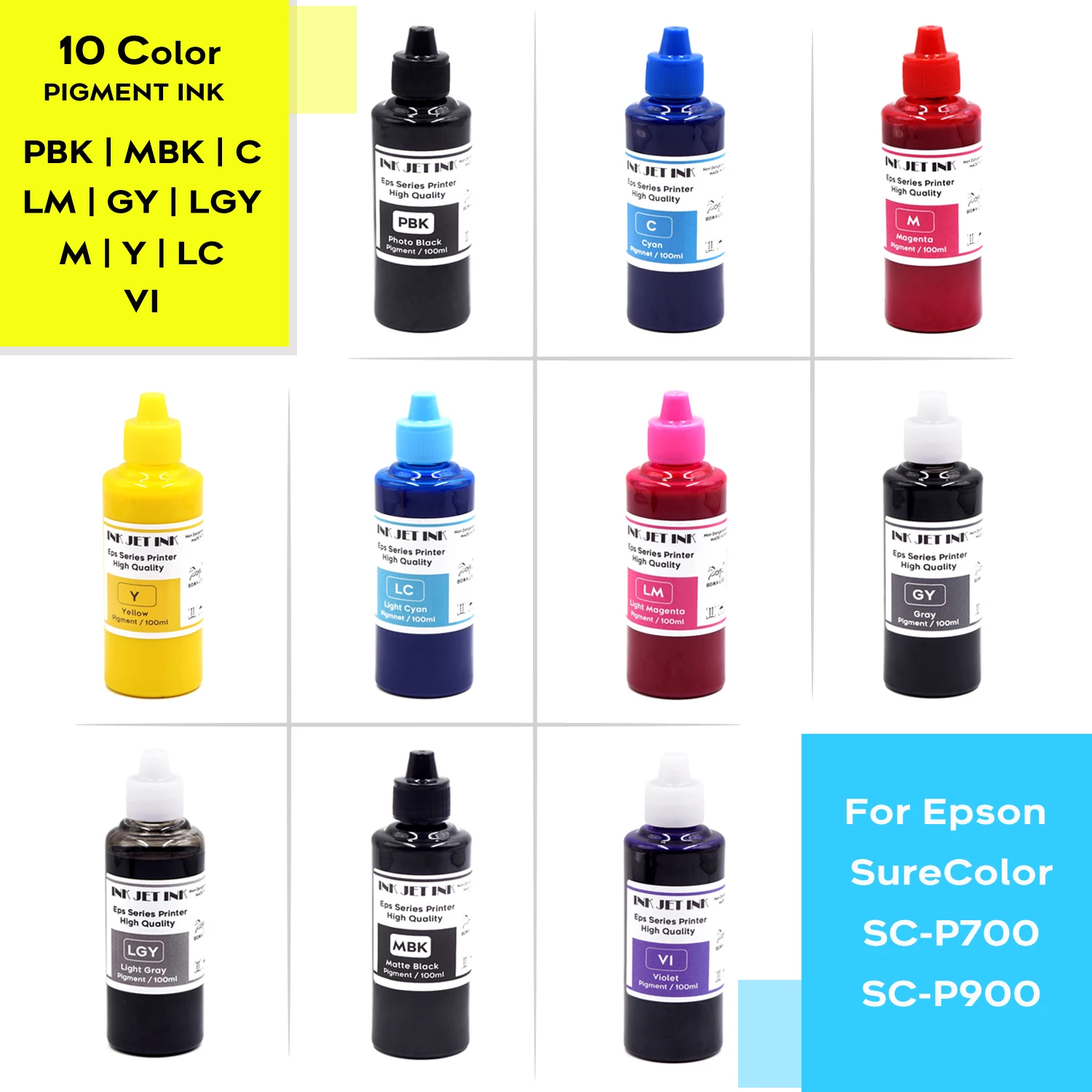 100ML 10Colors Water Based Pigment Ink For Epson Surecolor SC-P700 P900 P908 P708 P700 P900 T47A T46S Inkjet Printers