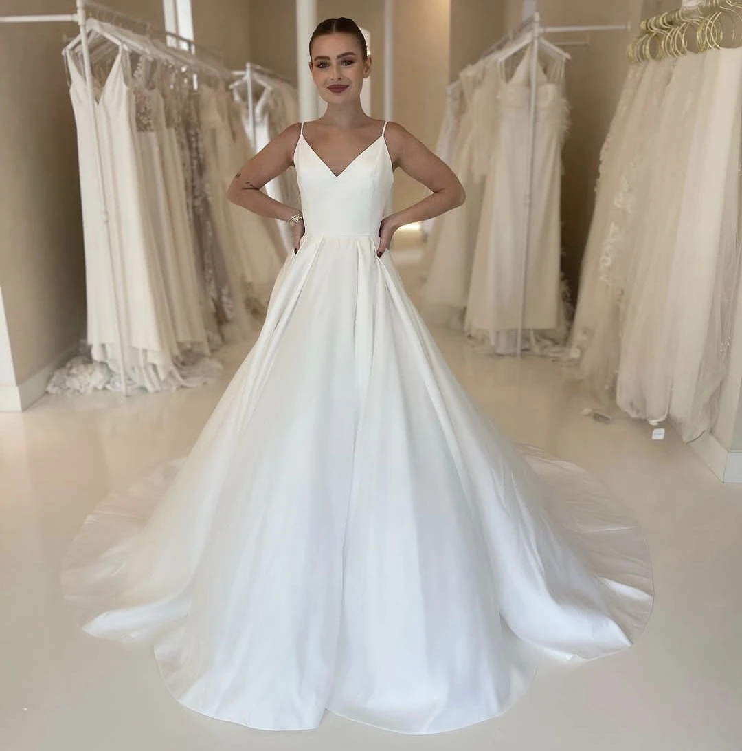 A-line Satin Wedding Dress V-Neck Spaghetti Strap For Women Customize To Measures Robe De Mariee Stunning Sleeveless Court Train