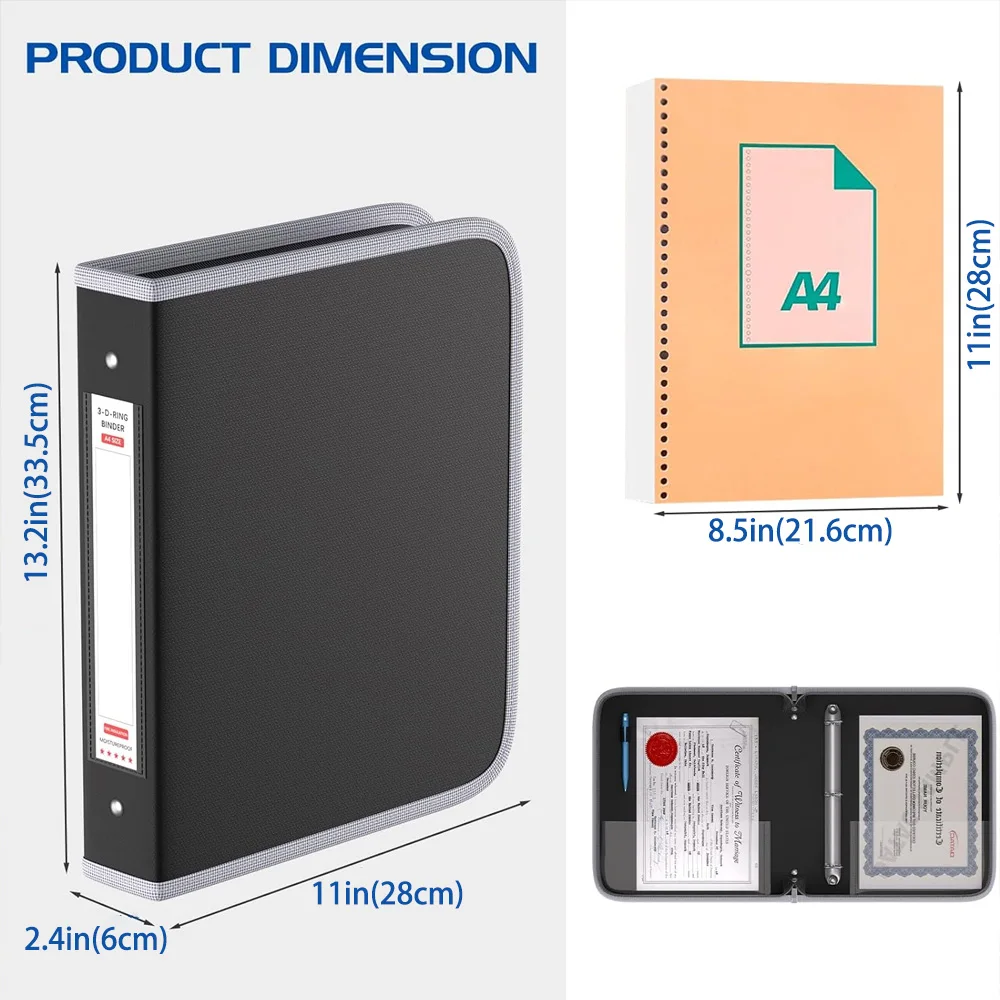 Fireproof Waterproof 3-Ring Binder Fireproof Round Binder with Zipper for Pens and 8.5*11-Inch 375-Sheet Paper (No Inserts) view 2