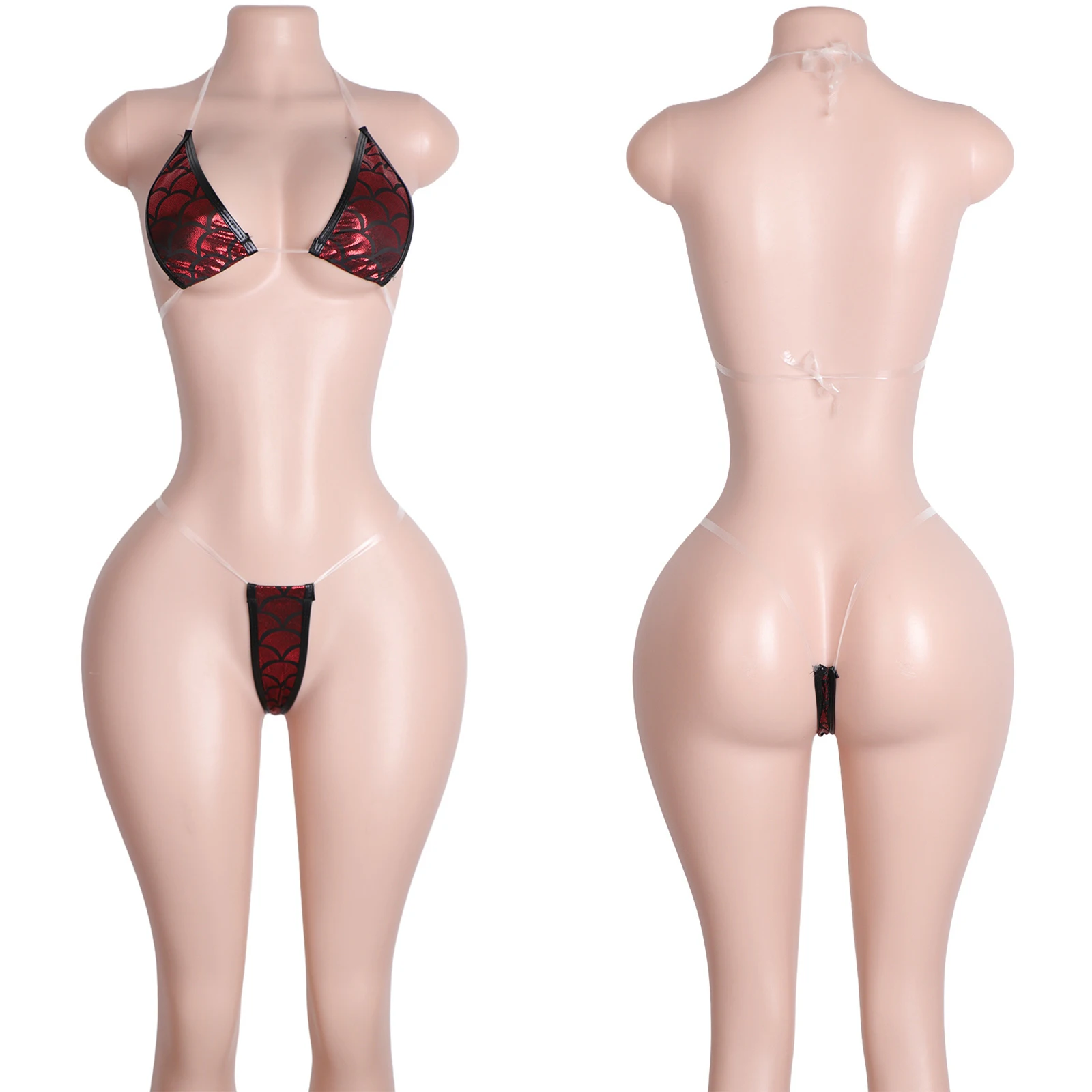 

Fish Scale Thong Two-Piece Sheer Lace-Up Bra Exotic Dancewear Stripper Outfits Performance Wear Clubwear Rhinestone Bodysuits