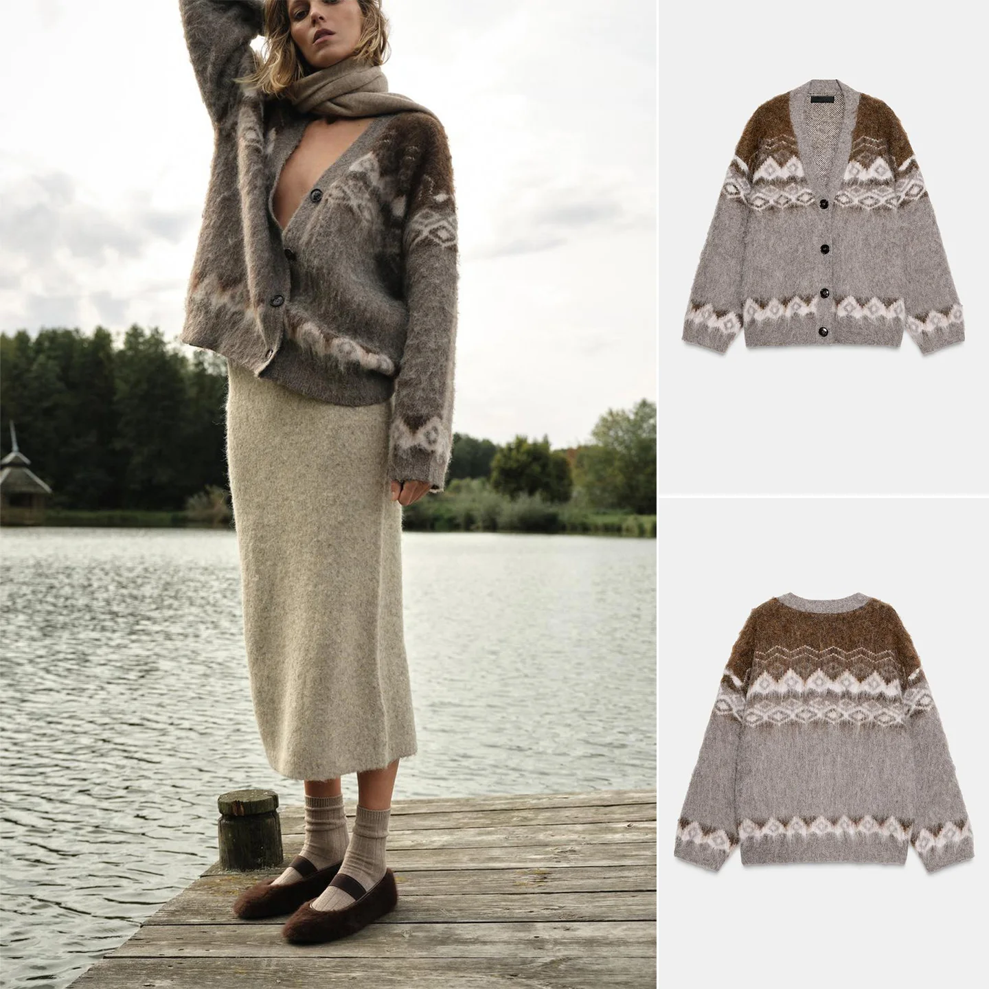 

Осенний новый женский вязаный теплый кардиган свободного кроя с v-образным вырезом и цветочным узором на одной пуговице V-Ne Long Sve Color Blo