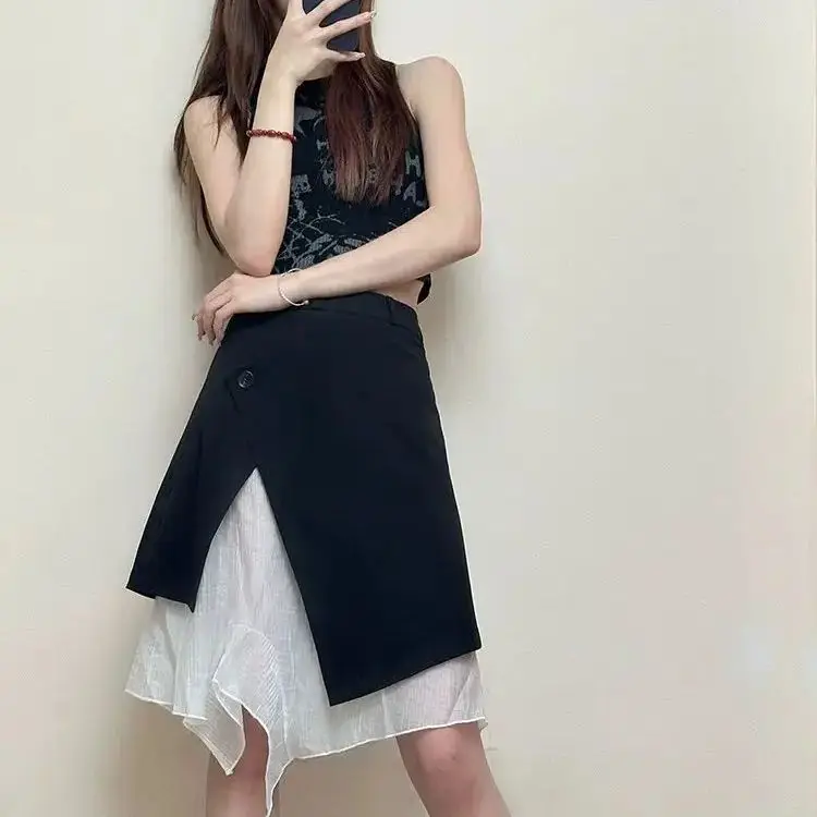 Irregular Fake Two-Piece Black Skirt Women 2025 Spring Summer New Design Retro Versatile Niche Splicing Medium Skirt