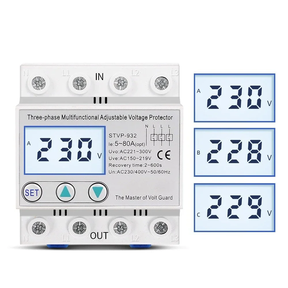 Three-phase Liquid Crystal Display Self-repeating Adjustable Intelligent Overvoltage and Undervoltage Protector 380V STVP-932