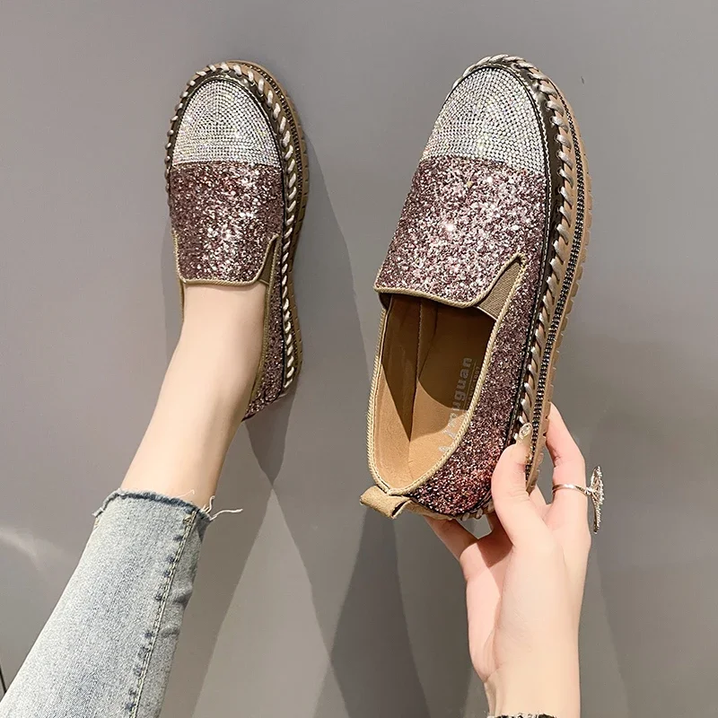 Women Shining Rhinestone Flats Loafers Slip-on Thick Botton Casual Woman Crystal Shoes Female Fashion Sneakers Sports Running