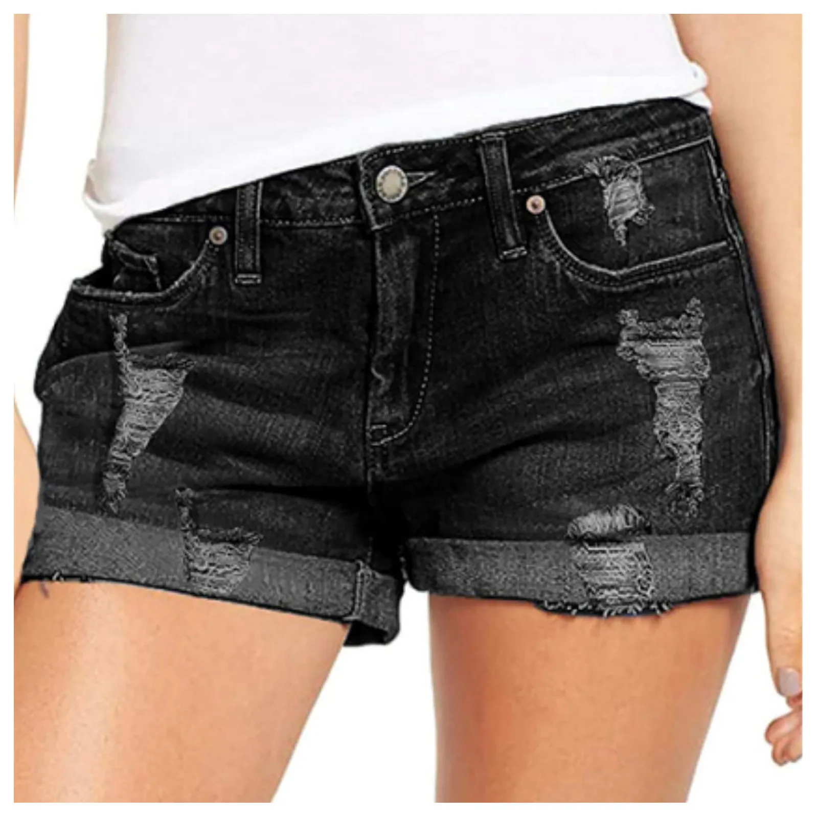 

2024 Women Fashion Ripped High Waisted Rolled Denim Shorts Vintage Hole Summer Casual Pocket Short Jeans Ladies Hotpants Shorts