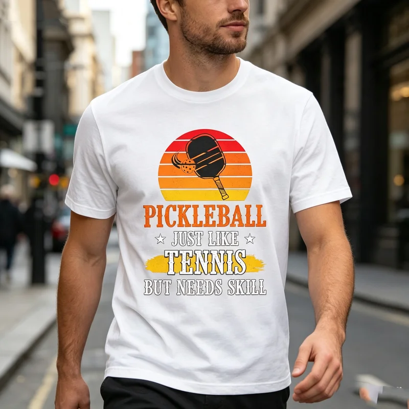 Pickleball Just Like Tennis T-Shirt Funny Vintage Sunset Graphic Tee Casual Sports Cotton Short Sleeve Top for Men Women