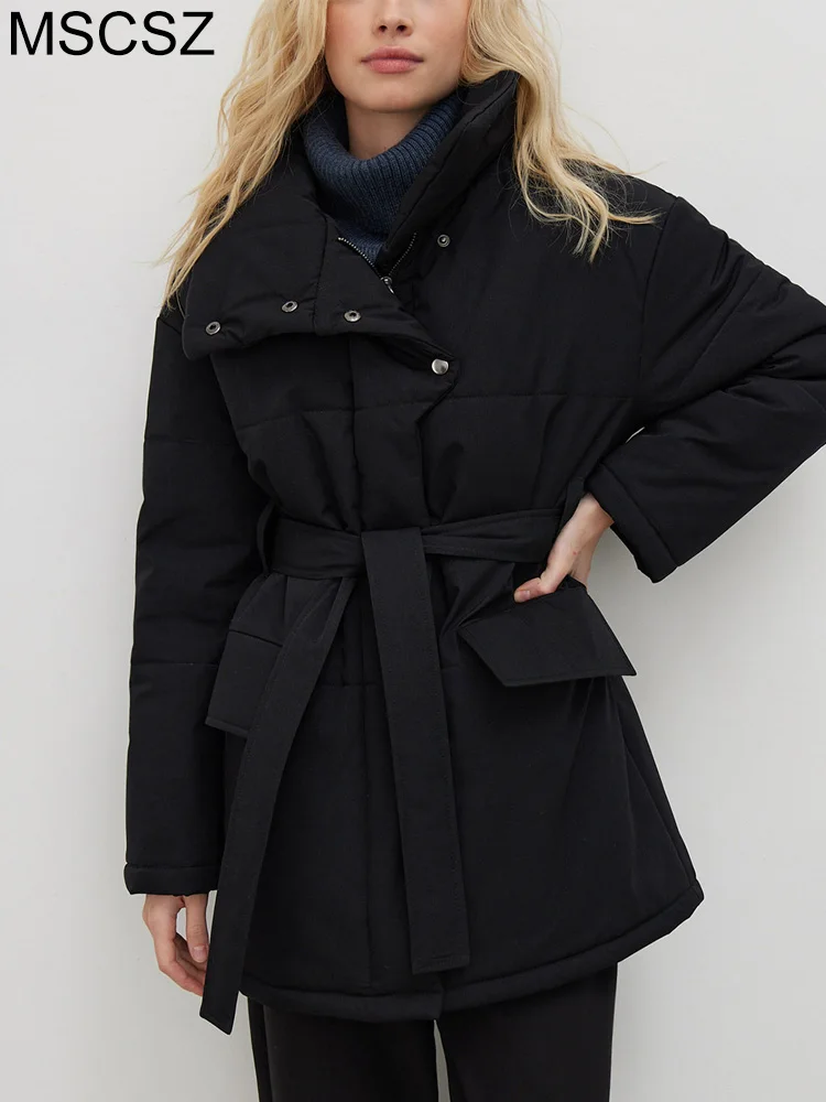 Winter Warm Parkas Woman Stand Collar Quilted Oversized Jacket Thick Cotton Padded Long Coat With Belt