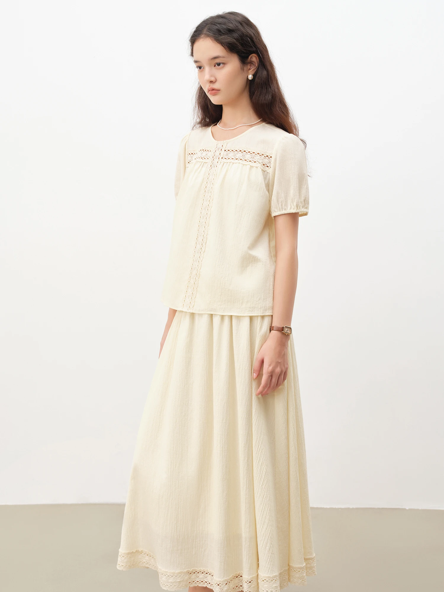 ZIQIAO Petite Women Lace Cutout Top Skirt Outfit 2025 Summer New Arrival French-inspired Complete Set 25ZQ92256+25ZQ92257