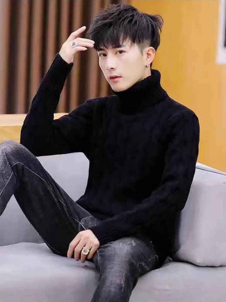 

Men's Korean Style Slim Fit High Neck Collared Knitted Sweater Solid Color Warm Fleece Lined Trendy Winter Crewneck Pullover