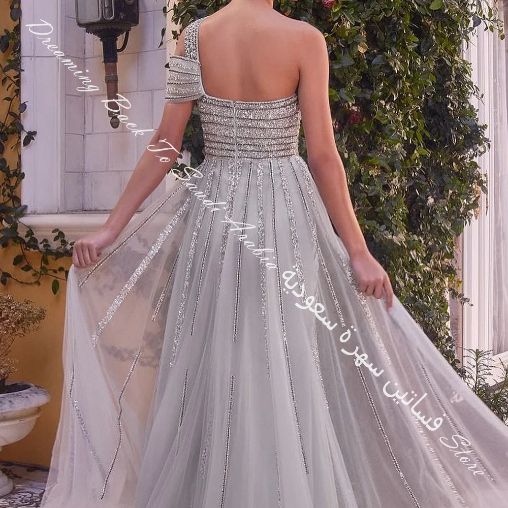 Customized Side Slit Exquisite Strapless Tulle One Shoulder Sleeveless Straight Evening Dress Sweep Train Pleats Photo Color Flo