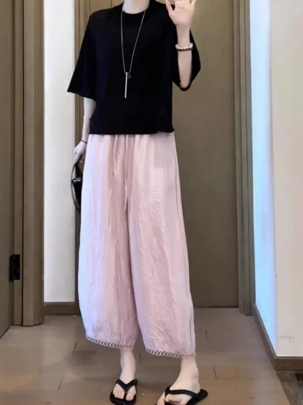 

Легкие летние повседневные брюки свободного кроя с высокой талией для женщин, широкие брюки с эластичной резинкой на талии и девятью зубцами