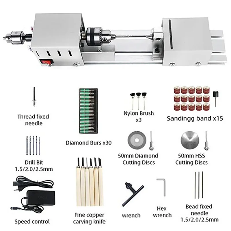 12-24VDC Mini Wood Lathe Machine DIY Woodworking Miniature Buddha Pearl Lathe Grinding Polishing Beads Wood Drill Rotary Tool