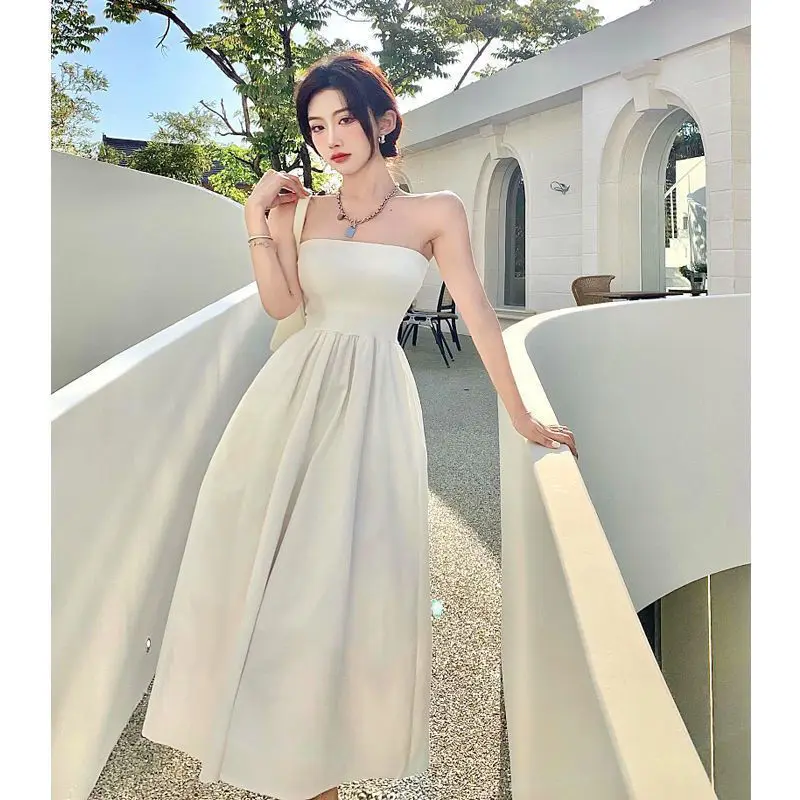 Abito da donna a vita alta a trapezio sottile festa estiva elegante trendy senza schienale con spalle scoperte stile coreano casual principessa vintage solido