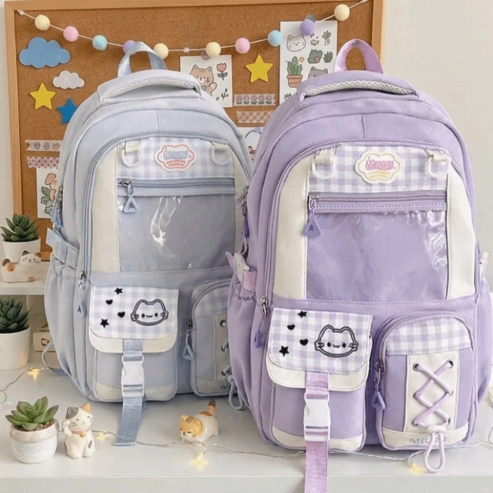 Preppy Style Multi-Compartment School Backpack Lightweight Large Capacity Plaid Color Block Daypack Multi-Pocket Zipper