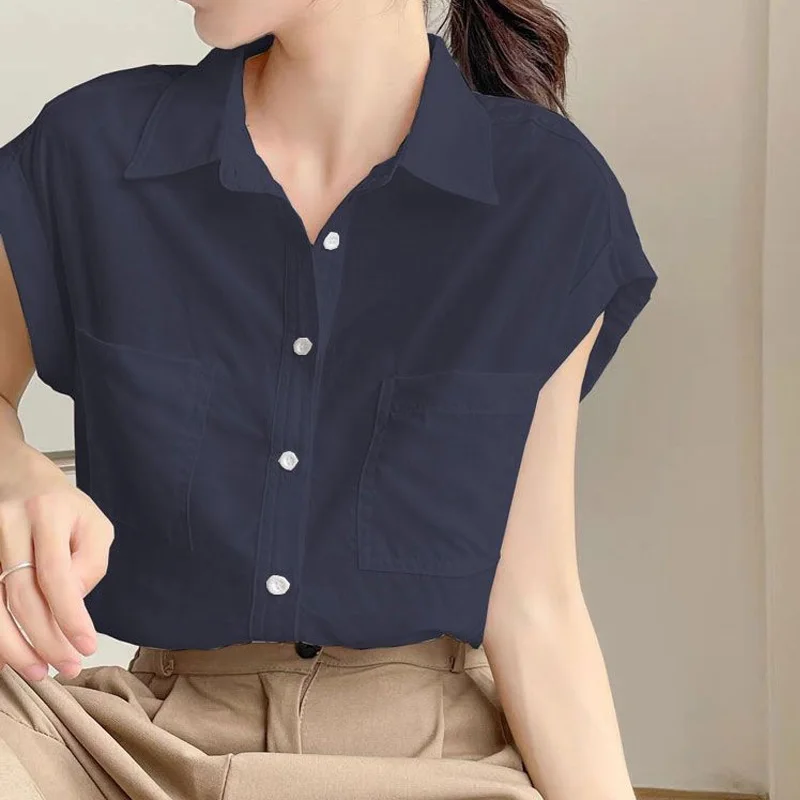 Pocket Patchwork Office Blouse Summer New Polo Neck Short Sleeve Solid Color All-match Shirt Tops Casual Fashion Women Clothing