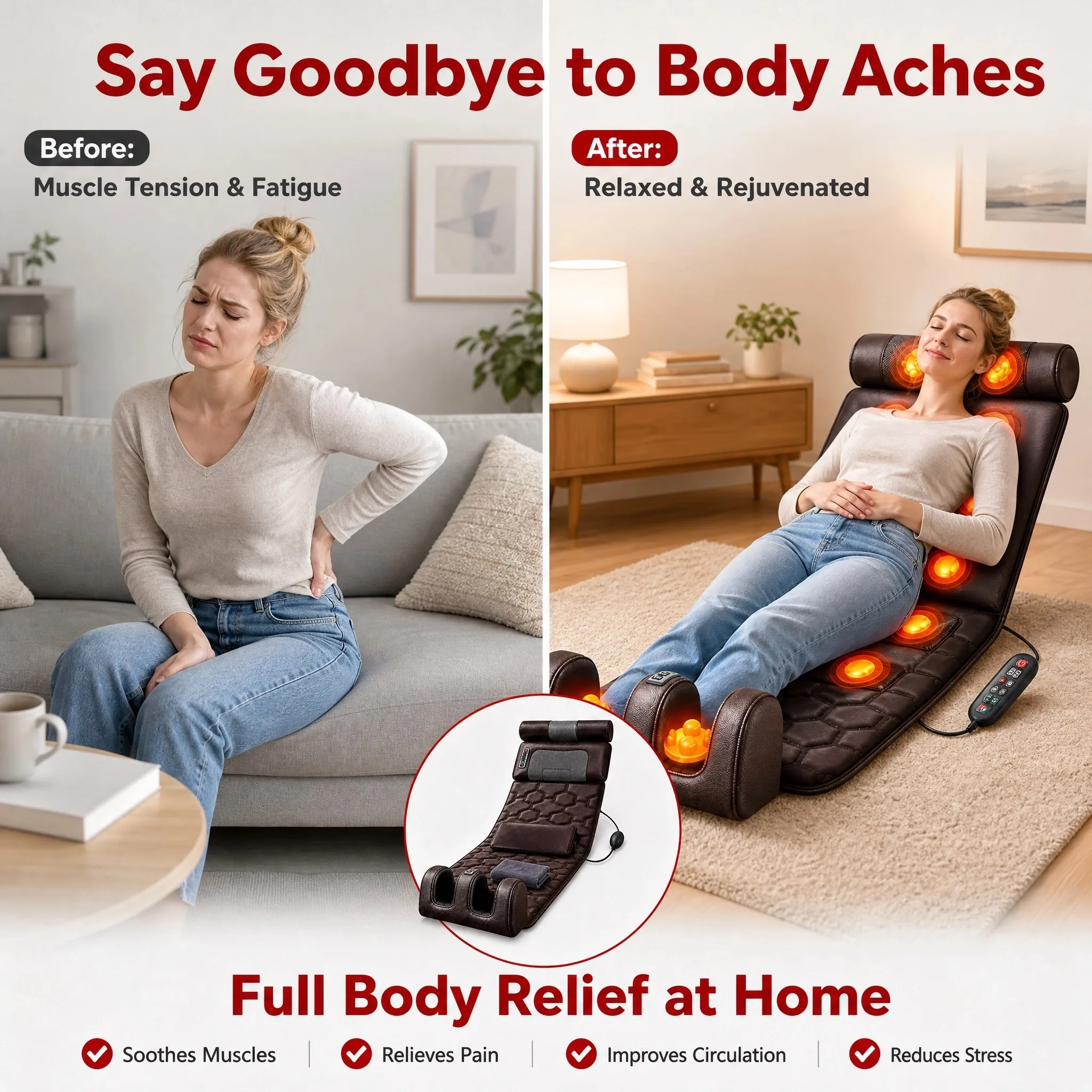 Full Body Massage Mat D7 PU Leather Airbag Kneading Heat Compress Vibration Cushion for Neck Back Waist Hip Leg Handheld Control