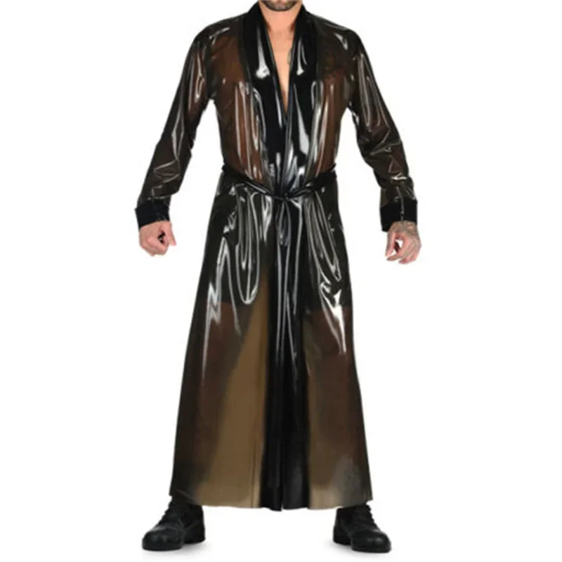 Latex Long Robe Transparent Black Outfits Long Coat Windbreaker Customized 0.4mm