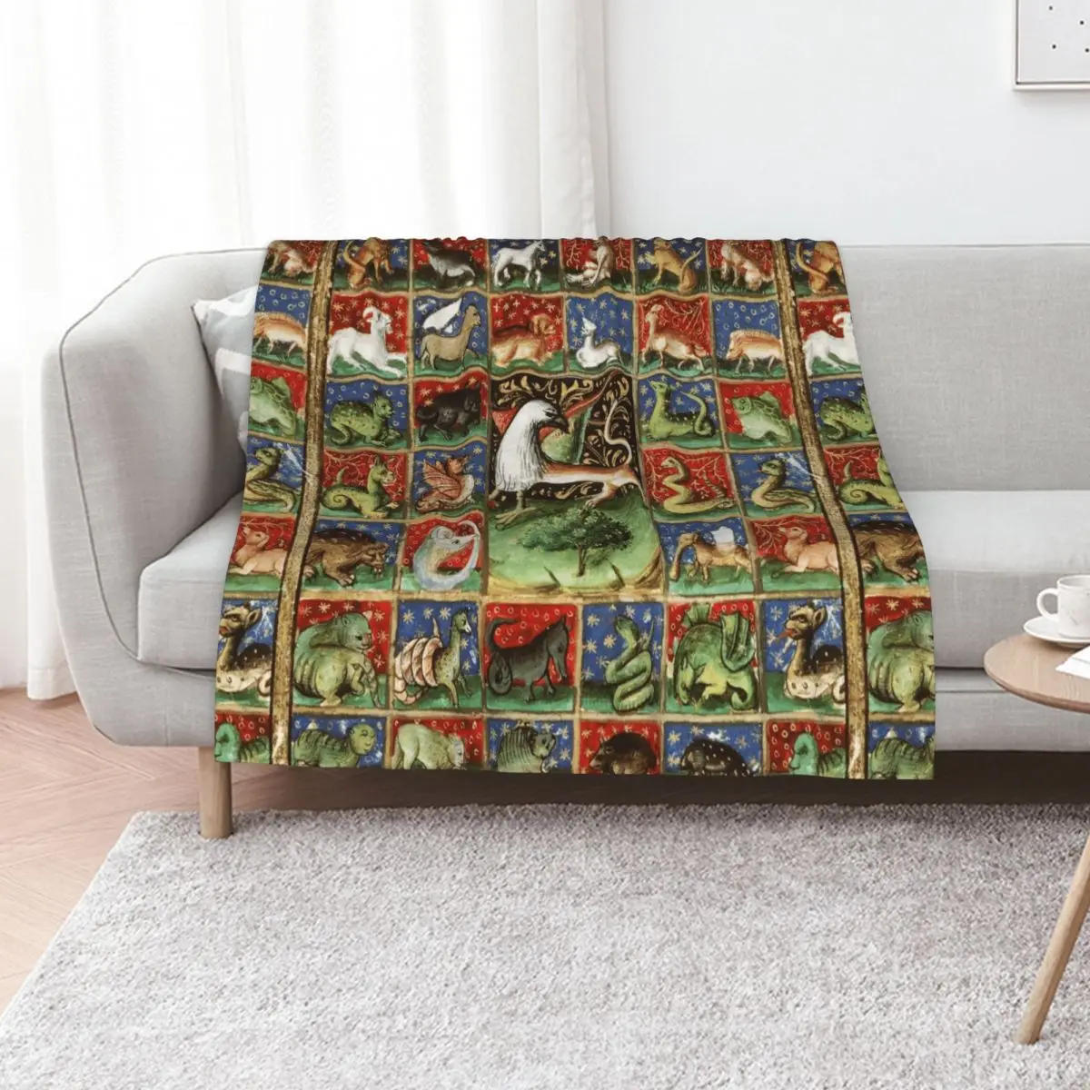 MEDIEVAL BESTIARY Fantastic Animals in Red Blue Green Gold Hues Throw Blanket Travel Designers for babies sofa bed Blankets