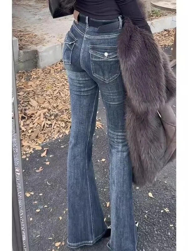 Blue American Style High Waist Bell Bottom Jeans Women's Spring Summer Slimming Stretchy Floor Length Casual Cotton Denim