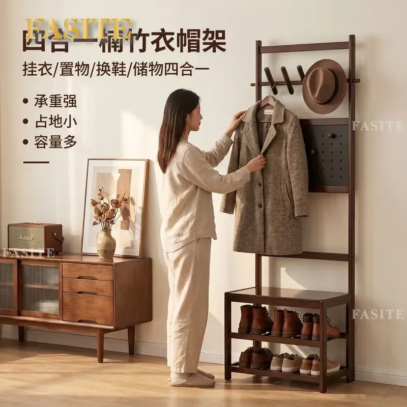 For Home Entryway 4-in-1 Multifunctional Shoe Changing Stool with Coat Rack Shelf and Hanger Space Saving Storage Bench for