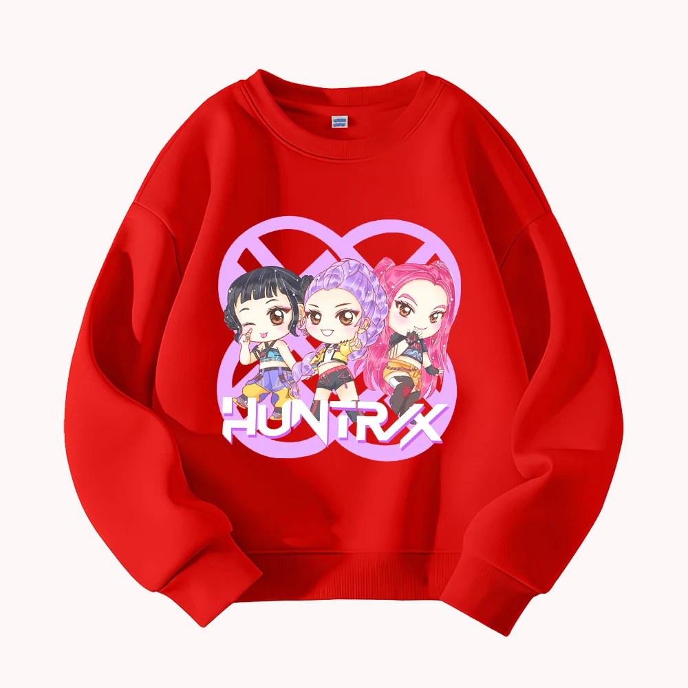 Bluza damska HUNTRX z krótkim rękawem i okrągłym dekoltem, z grafiką inspirowaną chibi grupą K-pop, w stylu streetwear.