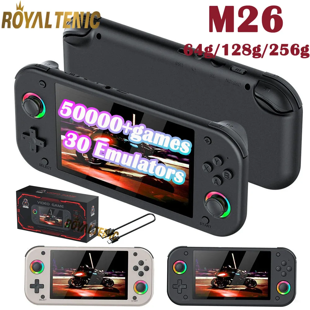 M26 64G/128G/256G 50000Games لعبة فيديو وحدة التحكم 5.1 بوصة 800*480 مع عصا التحكم الملونة RGB HD ألعاب التلفزيون المنزل لاعبين هدية للأطفال