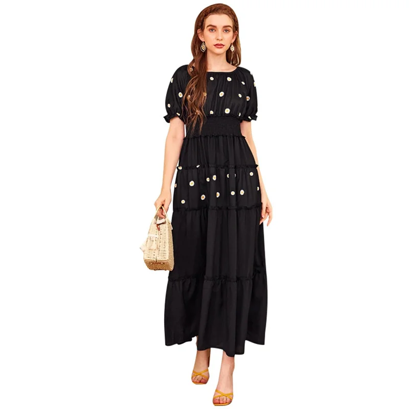 Women's 2023 New Round Neck Lantern Sleeves Large Swing Embroidered Long Dress Vestidos Summer Dress Woman 2023 Trendy