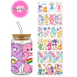 Cute Bear Rainbow UV DTF 16oz Libbey Cup Digital Wrap UVDTF Transfer Adhesive Wrap No Heat Needed Ready to Ship Cup Not Included