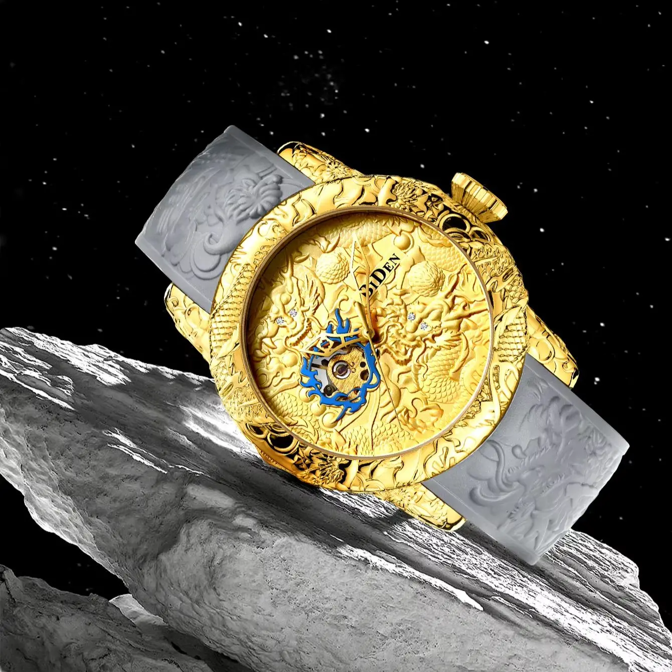 

Мужские механические часы BIDEN, большой циферблат, 3D резьба по дракону, водонепроницаемые механические часы, модный мужской подарок