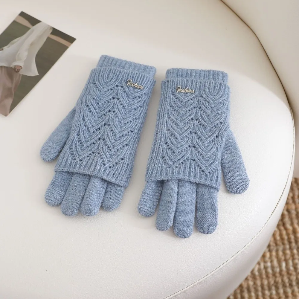 Cute Dual-purpose Knitted Gloves Solid Color Keep Warm Five-finger Mittens Cold-proof Thickened Cycling Gloves Outdoor
